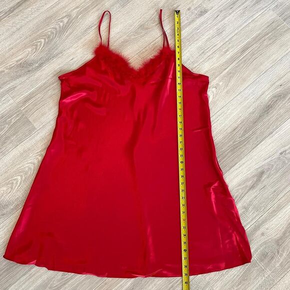 NWT Y2K Fashion Bug Red Silky Slip Dress Feather Trim Plus Sleepwear Lingerie - Picture 5 of 6